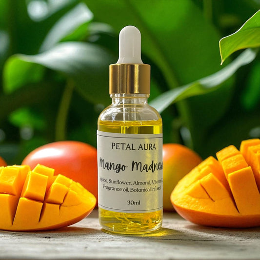 Petal Aura Mango Madness Body Oil 30ml - Botanical Infused Fragrance Oil with Hibiscus Sunflower Almond & Vanilla for Soft Hydrated Skin