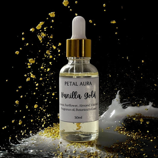 Petal Aura Vanilla Gold Body Oil - Scented Dry Oil for Soft Non-Greasy Skin with Apricot Kernel Sunflower Almond & Vitamin E 30ml